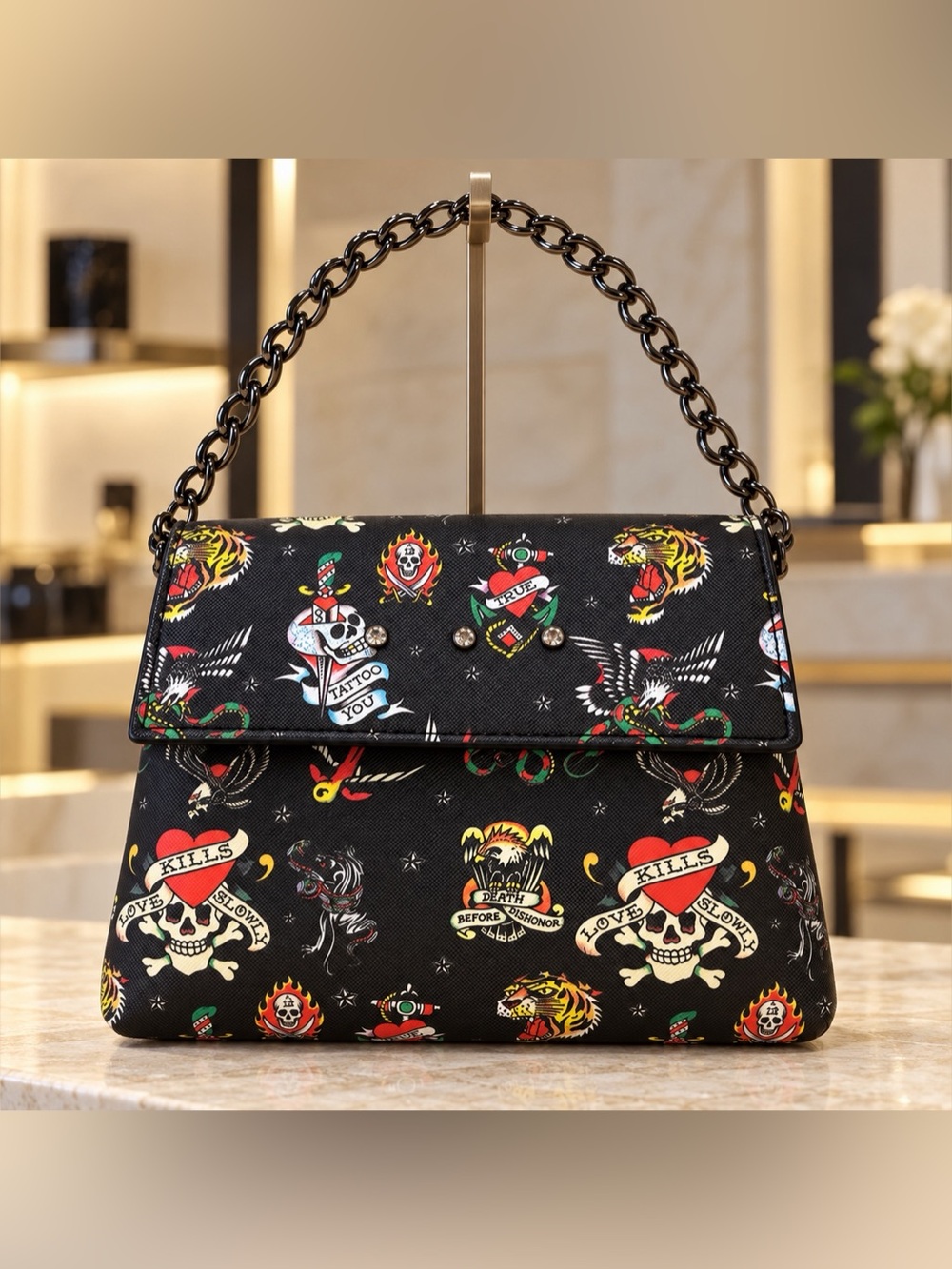 Ed Hardy Tattoo Print Chain Bag / Wristlet NWT